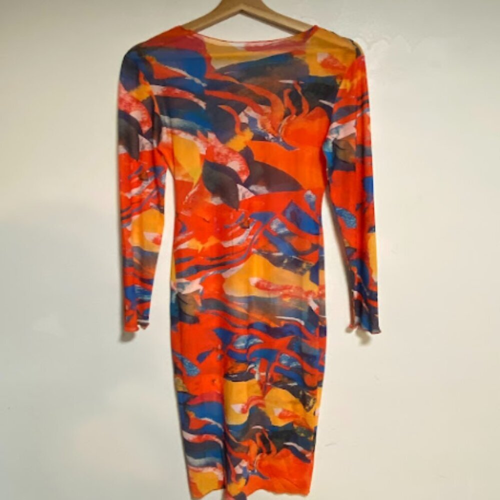 Abstract Print Mesh Long Sleeve Bodycon Midi Dress - Size M - Picture 3 of 9